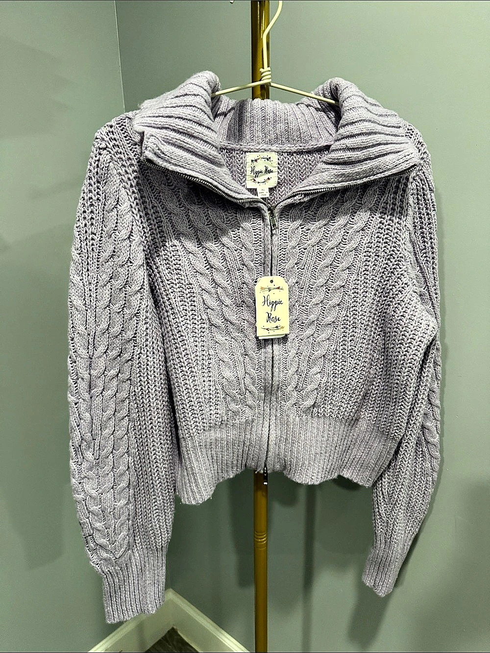 Hippie Rose Cable Knit Cowl Neck Sweater in purple NWT